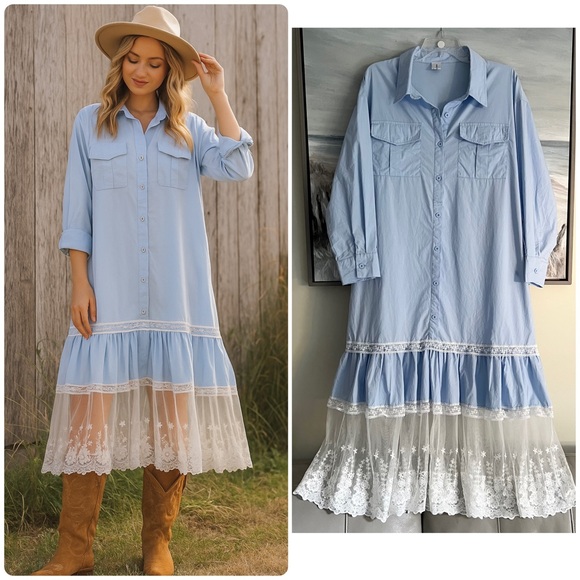 DINT Dresses & Skirts - DINT Long Sleeve Dress Sz L Boho Midi Shirt Oversized Ruffle Lace Embroidery